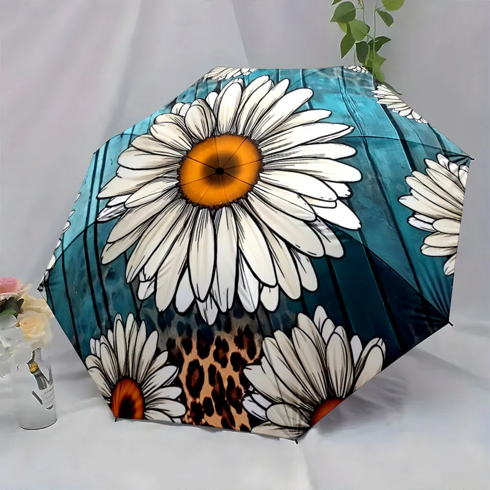 1PC Bright Daisy Pattern Umbrella with Blue Background Print 8 Iron Ribs Folding Umbrella Auto-Open Fashion Sunshade
