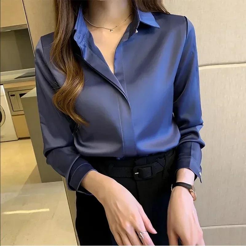 Satin Women Shirt Vintage Long Sleeve Blouse Women Silk Elegant Womens Tops Commuting Luxury White Shirt Autumn Female Clothing