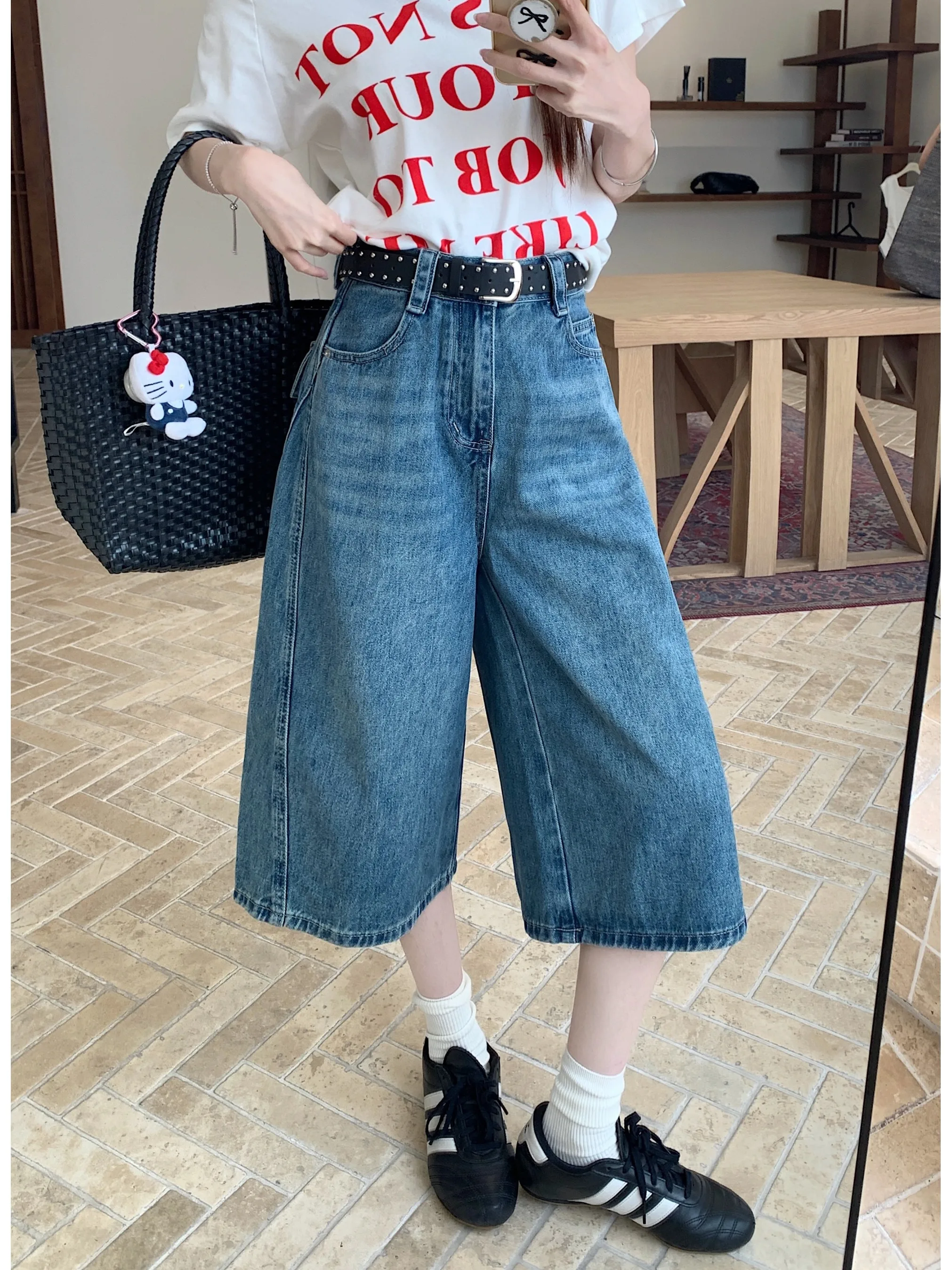 

plus Size Retro American Denim Jeans Women Summer High Waist Straight Leg Seven Foot Loose Wide Leg Pants mid Length