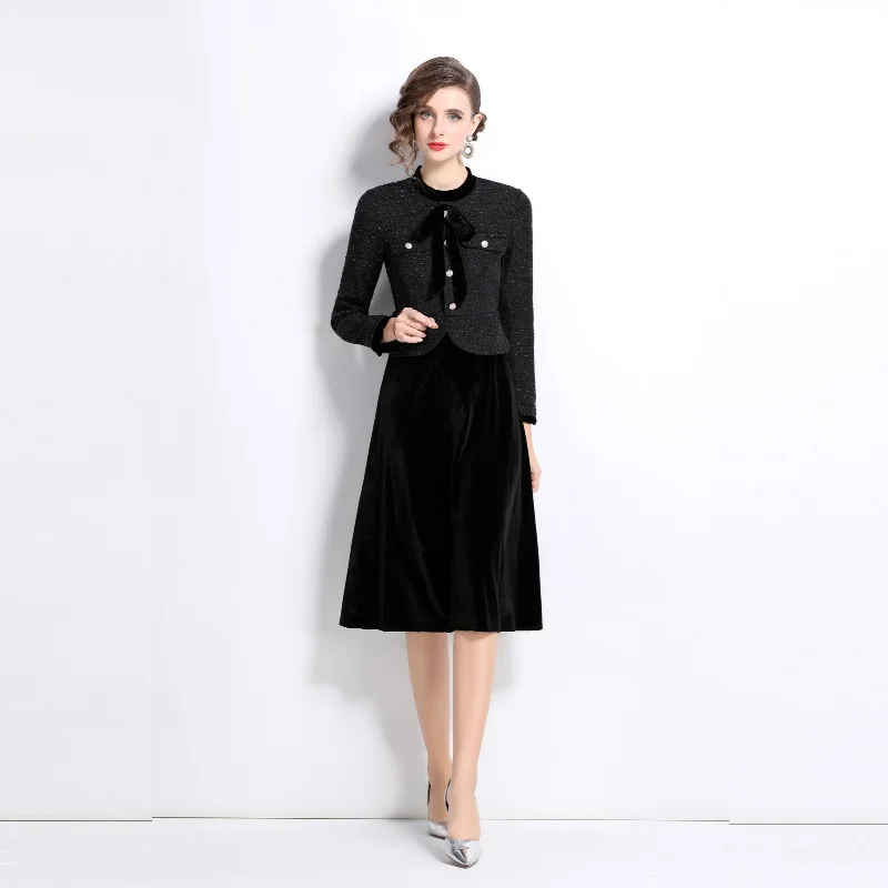 2024 Runway Autumn Winter Tweed Patchwork Velvet Midi Dress Elegant Women Long Sleeve Bowknot Fake Two Piece Party Midi Vestidos