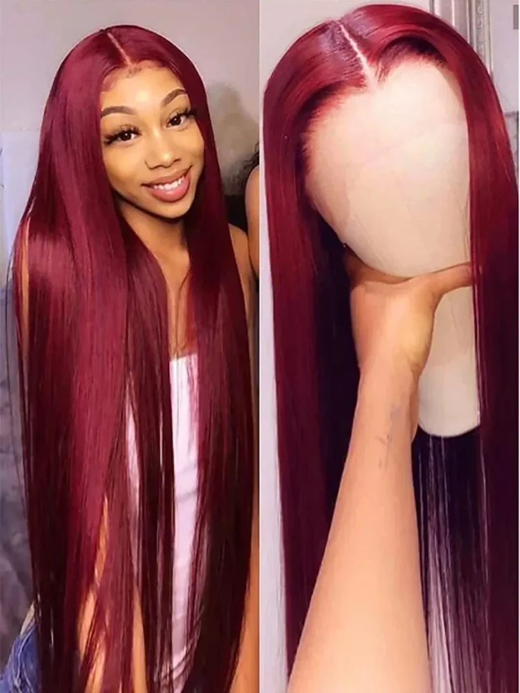 Burgundy 13x4 HD Lace Frontal Human Hair Wig Bone Straight Red 13x6 Lace Front Human Hair Wigs 99J Colored 250% Human Hair Wig