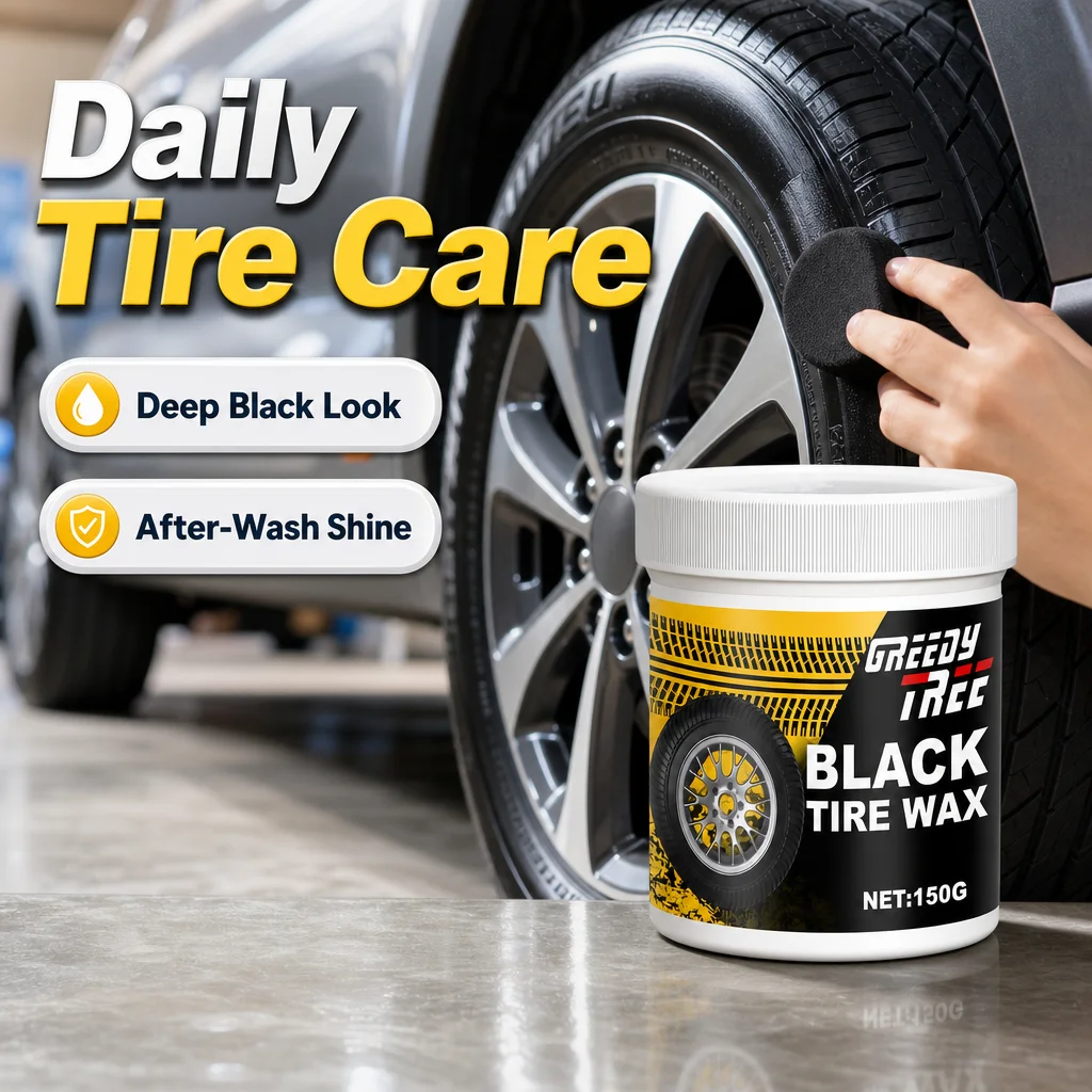 GREEDY TREE Black Tire Wax 150g, Tire Shine Restorer for Deep Black Gloss, Rubber Protection and Car Tire Care