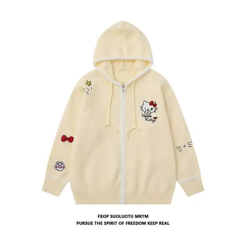 

Sanrio Hello Kitty women's Hooded Cardigan Knitted Sweater For Autumn Winter Fashion Korean Cute Loose College Lazy Oversized