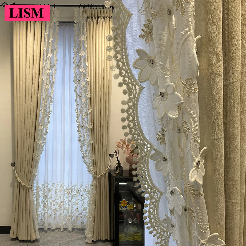 New Thickened Embossed Beige Chenille French Curtains for Bedroom Living Room Blackout Custom Window Screens Flowers Lace Tulle