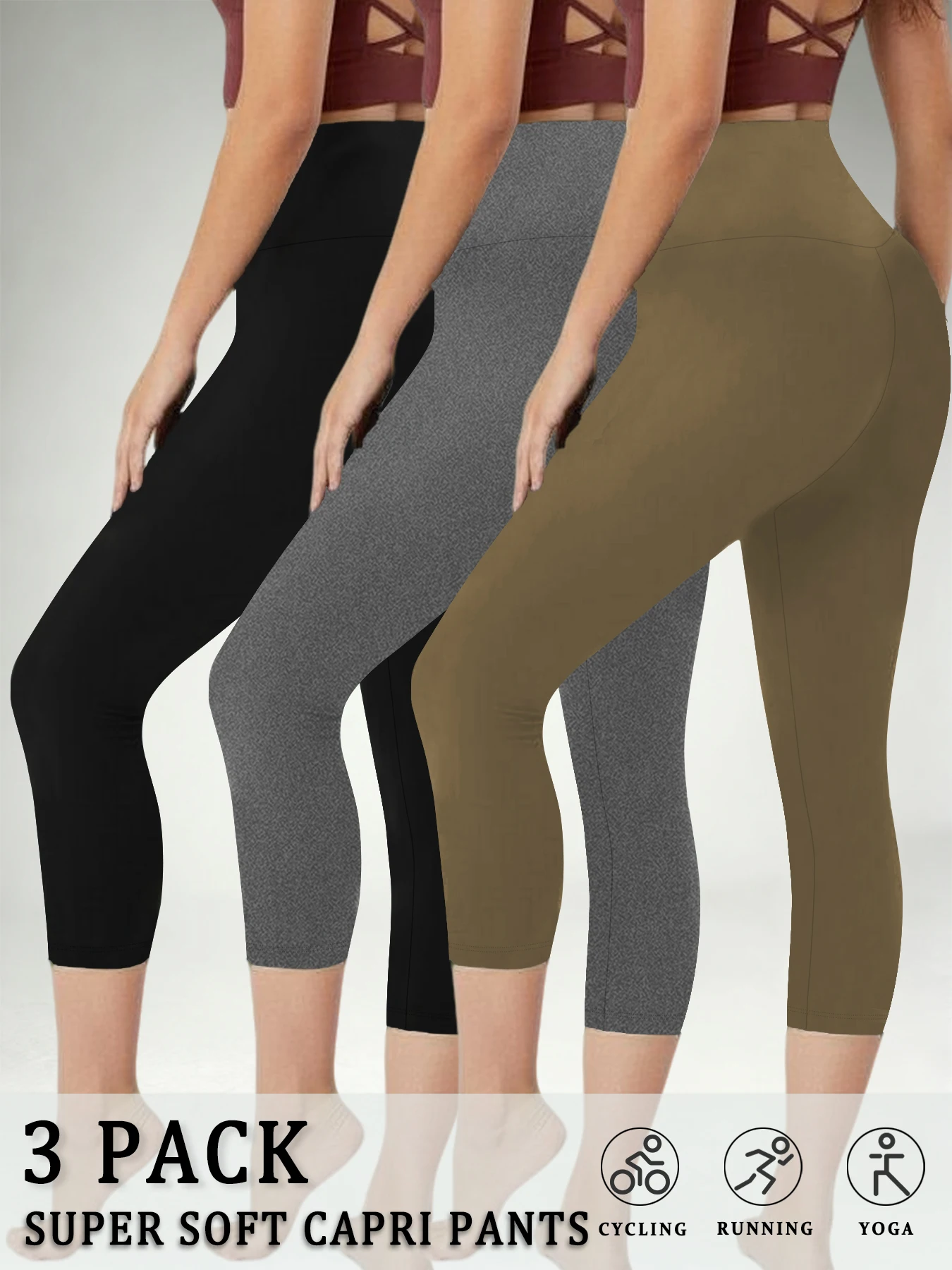 

Комплект из 3-х женских брюк-капри с высокой талией, очень мягкие, непрозрачные, с эффектом утяжки живота, для йоги, бега, тренировок, дома и повседневной носки