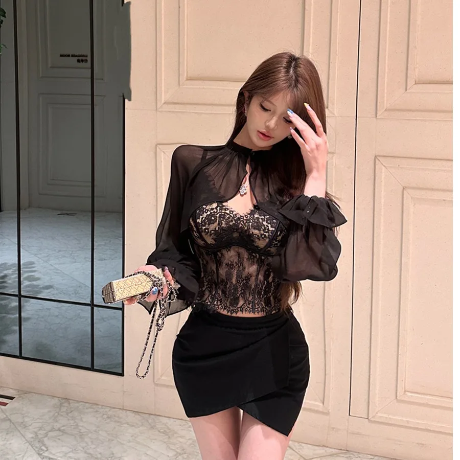 

Retro Sexy Lace Sheer Lantern Sleeve Shawl Cover up Two Piece Set Women's Spring 2026 Fashion Sleeve Long V Neck Short Length