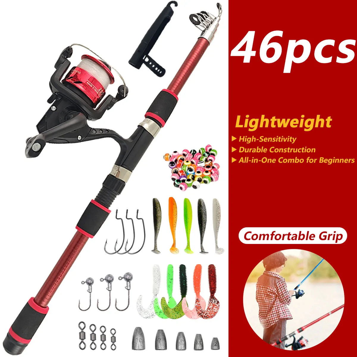 46Pcs Telescopic Fishing Rod Reel Combo, Portable Full Tackle Kit for Beginners Kids Freshwater Saltwater