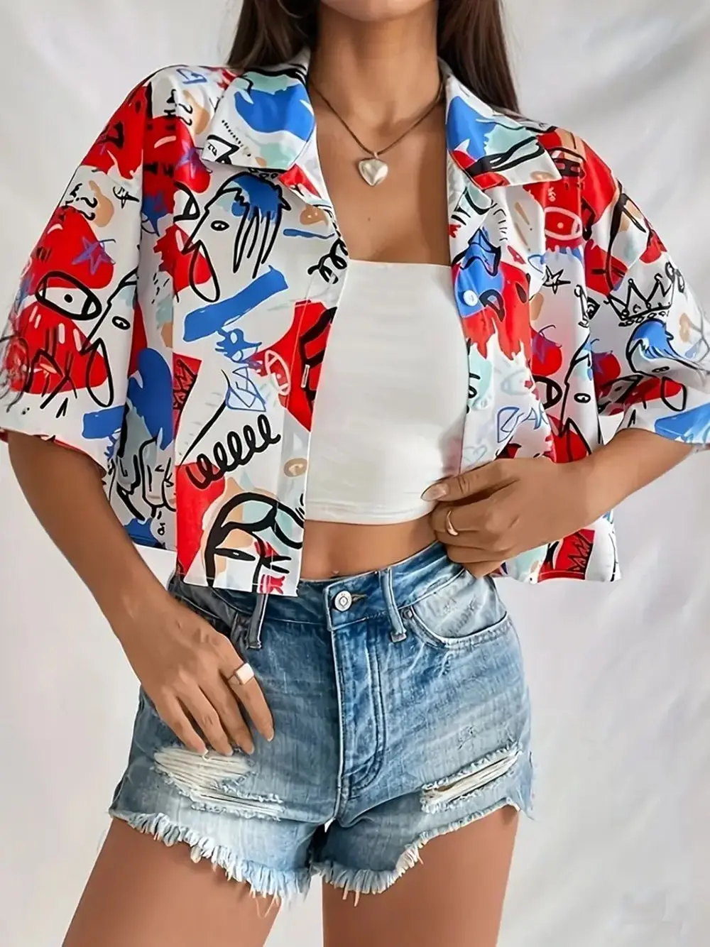 Graffiti Style Women\'s Lapel Shirt Summer New Vacation Casual Fashion Short Shirt 3D Printing Process Loose And Comfortable