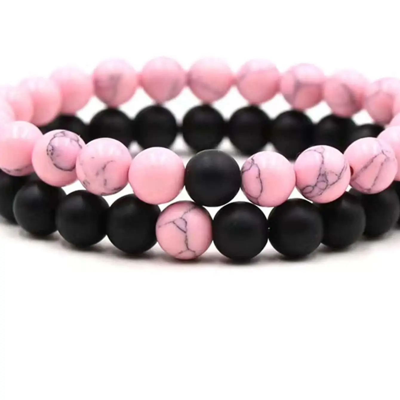 2 pairs of pink beads with black beads bracelet set