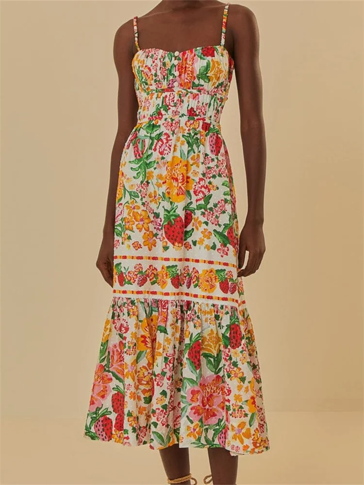 

CHRONSTYLE Vintage Floral Print Long Maxi Dress for Women Sleeveless Strap Ruched Buttons Up High Waist Beach Dress Vestido 2024