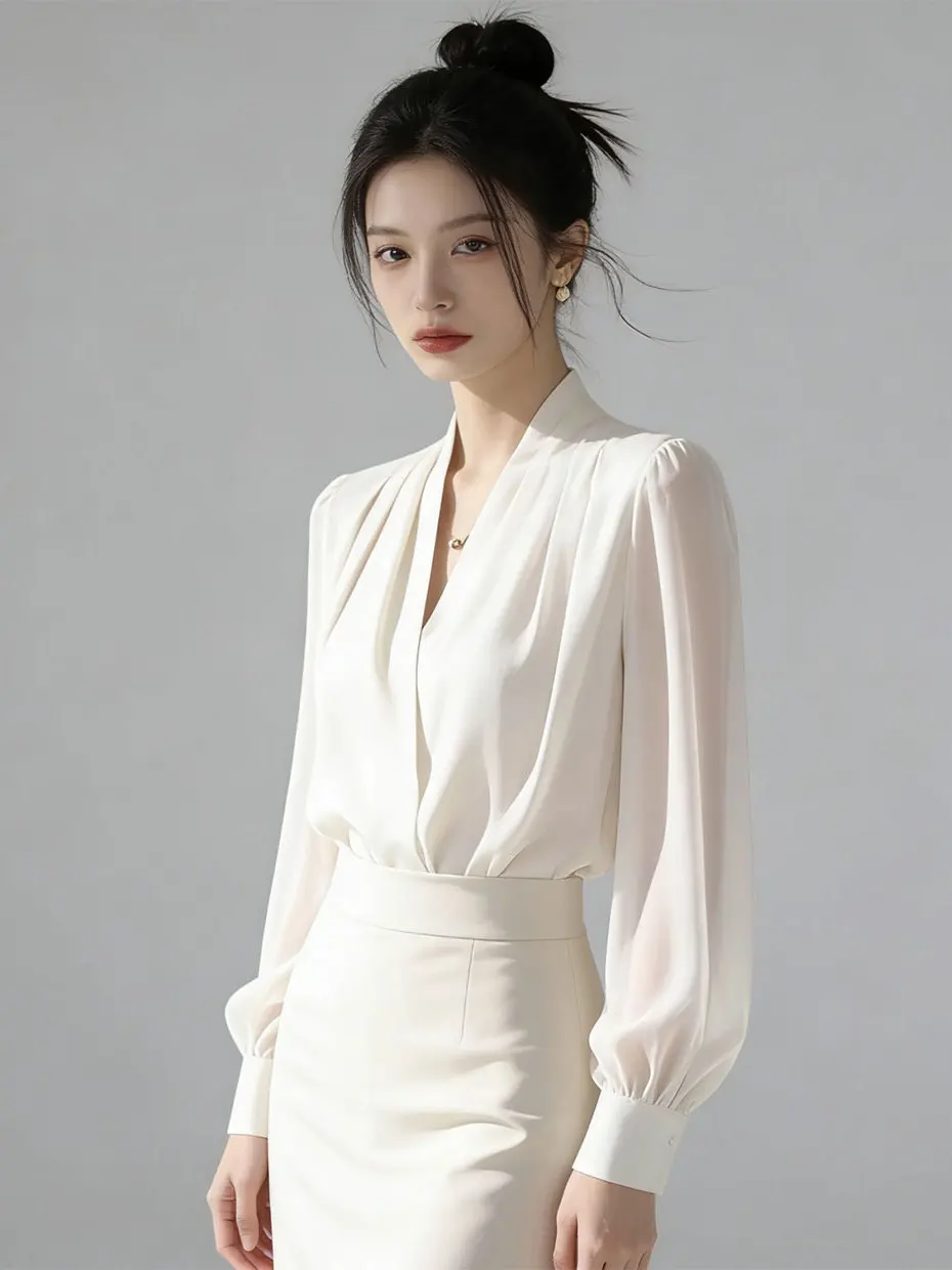 

Elegant Satin Women's Shirt V-Neck Design Spring New Style Fashionable Gathered Long Sleeve Full Print Casual Formal Wear