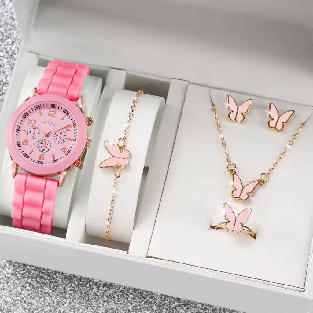 Conjunto de reloj de lujo para mujer, 5 uds., elegante reloj de aleación de lujo a la moda, correa de silicona, regalo de vacaciones, collar, pulsera, pendientes
