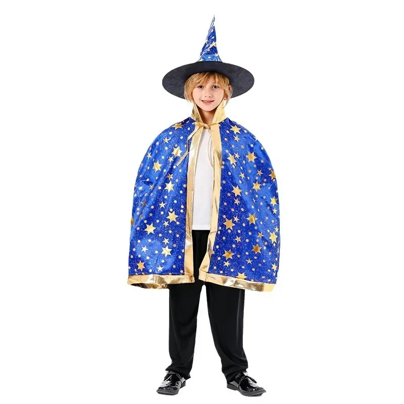 Children Witch Magician Cloak Five-star Bronzing Cloak Kids Witch Cape with Hat for Party Halloween Costumes Carnival Purim