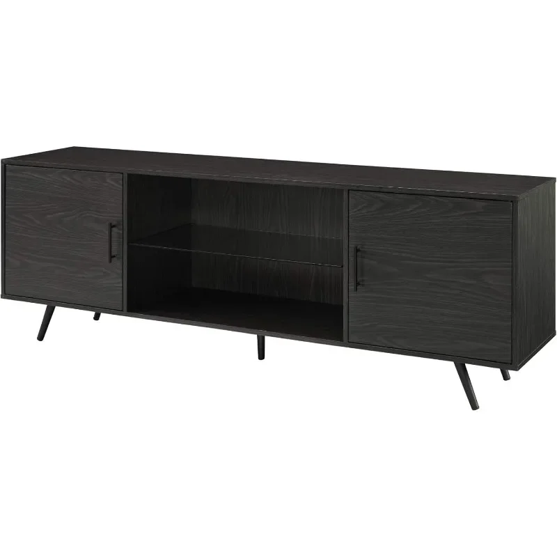 Walker Edison Saxon Mid Century Modern 2 Door Glass Shelf TV Stand for TVs up to 80 Inches, 70 Inch, Graphite