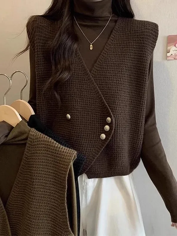 

Свободный вязаный кардиган с v-образным вырезом, жилет для женщин, весна-осень, новый топ без рукавов, топ с двойной пуговицей, чистый цвет Faion