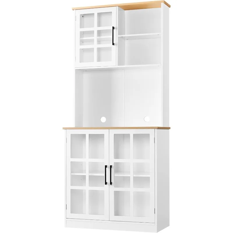 Kitchen Pantry Storage Cabinet with Hutch, 72'' Freestanding Buffet Cupboard with Large Countertop & Glass Doors