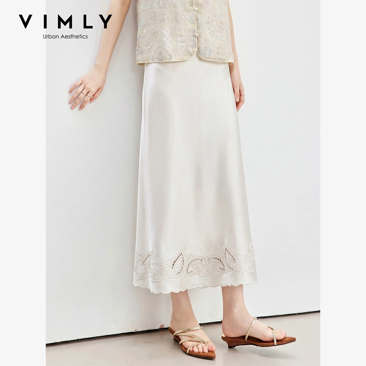 VIMLY Women's Elegant Apricot Satin Skirt 2026 Summer New Hollow Out Embroidered A-Line Long Skirt Ladies Clothing A6651