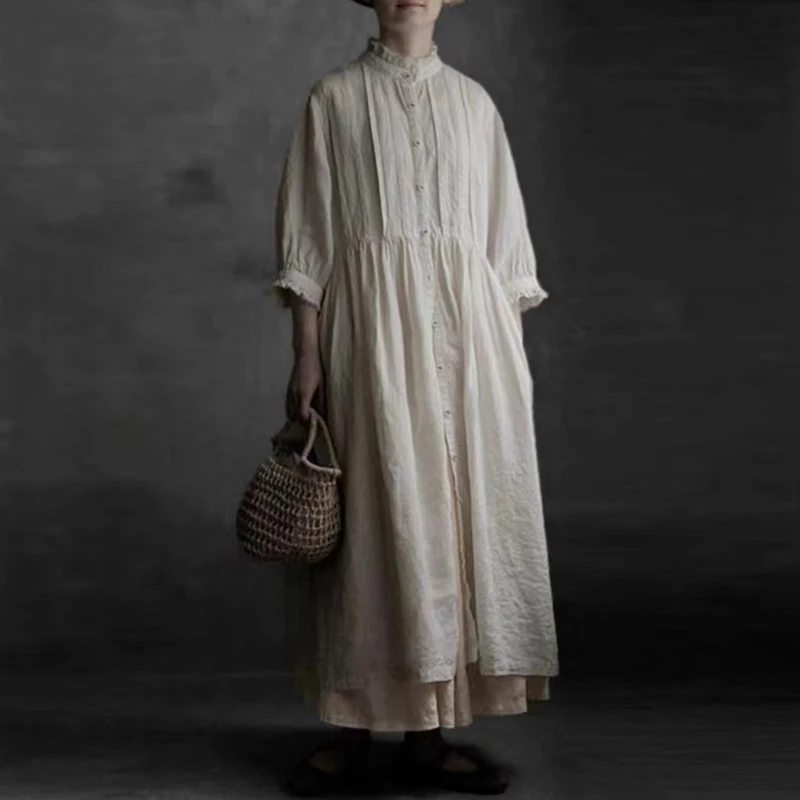 Johnature Japanese New Summer Fungus Edge Stand Collar Pressed Pleated Dresses Loose Vintage Cotton Linen Women Dresses