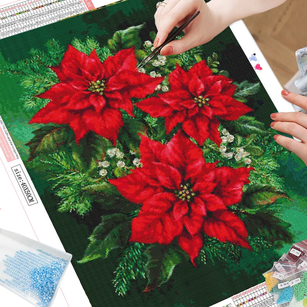 HUACAN Diamond Painting Complete Kit Flower Poinsettia Full Square