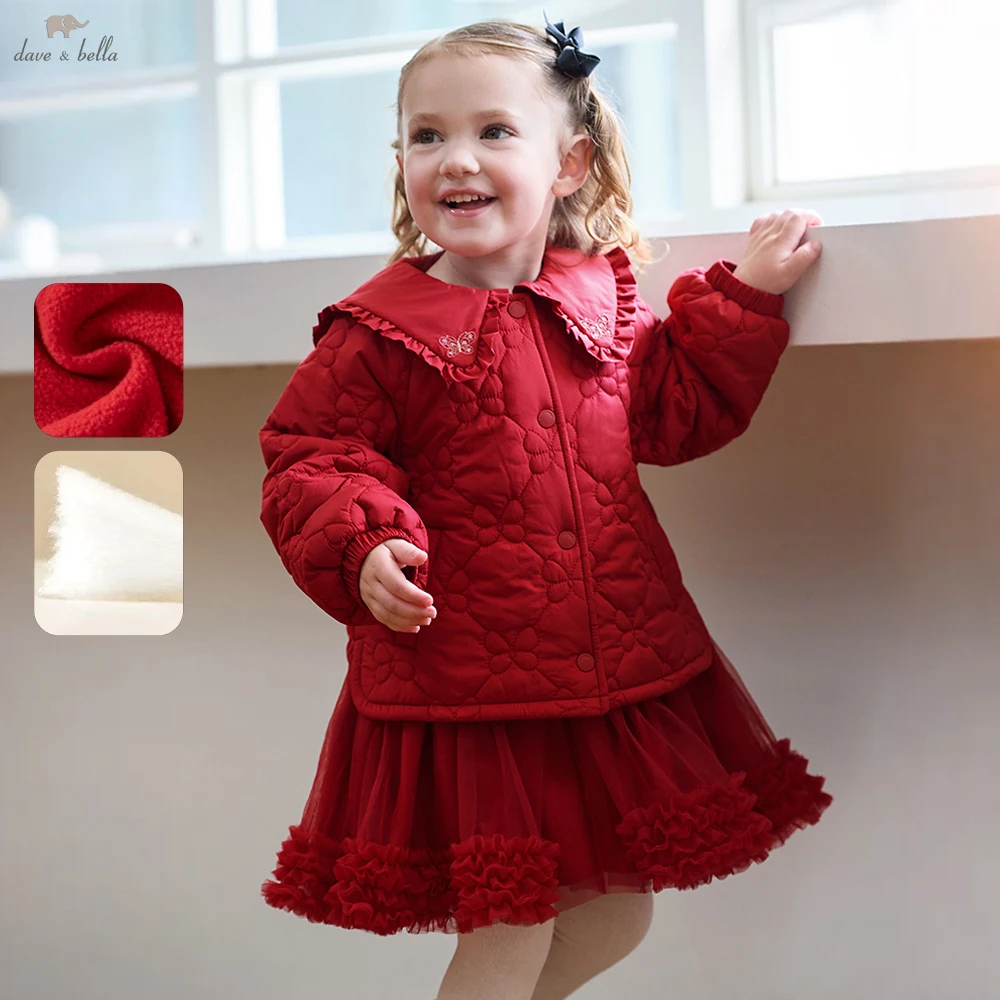 Dave Bella Girls Red Winter Warm Cotton-padded Jacket with Mesh Hem Children Thicken Coats 1-7 Years Kids Outwear DB4264452