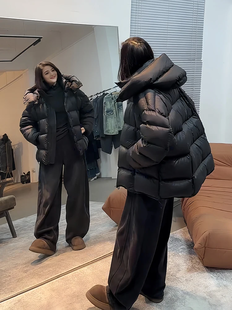 

Зимний теплый пуховик с капюшоном, женский толстый свободный пуховик-паркер на шнурке, женская водонепроницаемая верхняя одежда на белом утином пуху на молнии