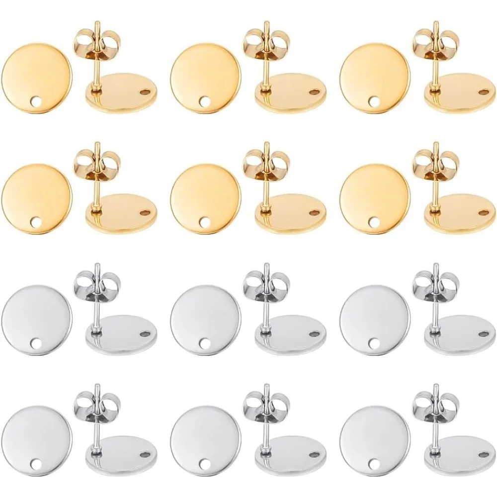 

60pcs 2 Colors 10mm Flat Round Stud Earring Stainless Steel Ear Stud with Earnuts and Loop Flat Round Earring Post for Jewelry