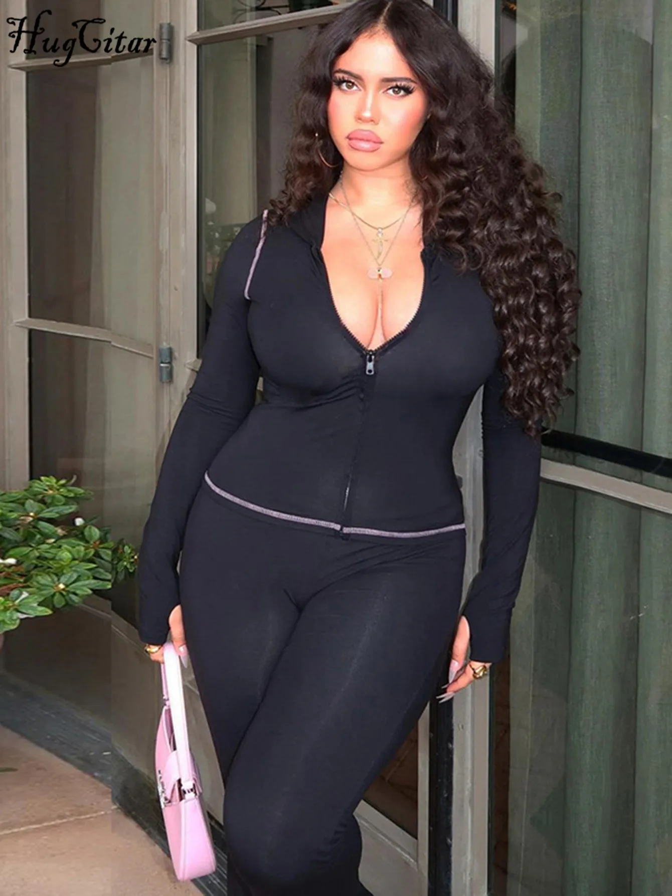 Hugcitar Fashion 2 Pcs Sets Print Long Sleeve Hoodied Zipper Sexy Crop Coat Wide Leg Pants Fall Women Outfit Festival Nightclub