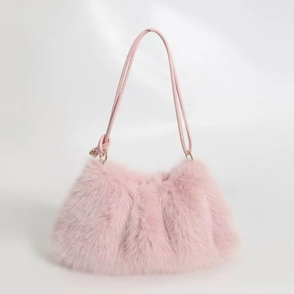

Luxury Furry Shoulder Bag Winter Solid Color Fluffy Plush Handbag Large Capacity Soft Tote Bag
