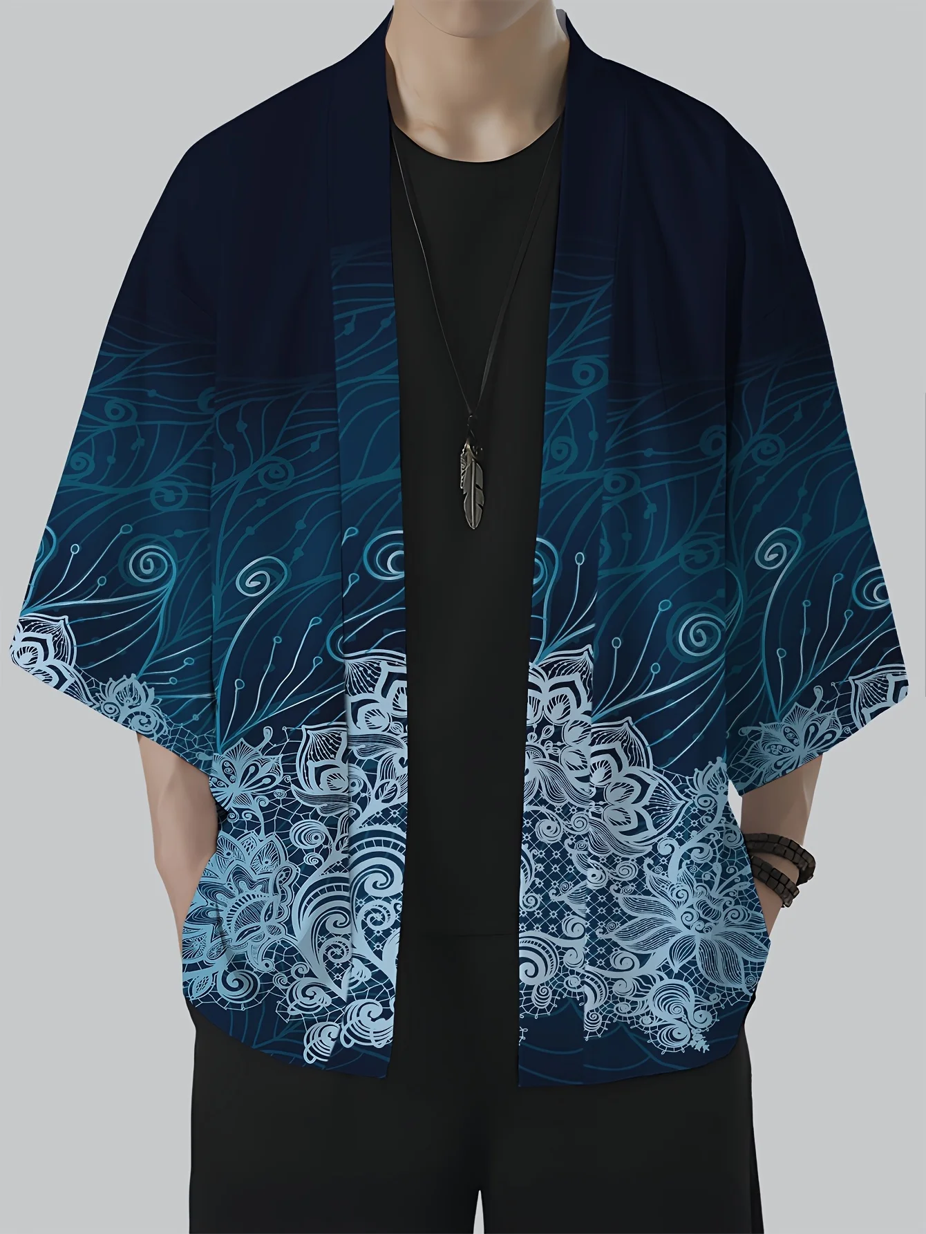 

Men's formal suit, men's casual loose kimono, men's open-knit kimono with retro Japanese floral print, deep blue to sky blue