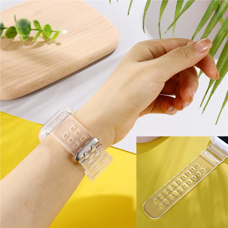 Clear Band + Case for Apple Watch Series 8 7 6 SE 5 4  45mm 44mm 42mm 41mm Transparent for iwatch 3 2 38mm 40mm rubber Strap