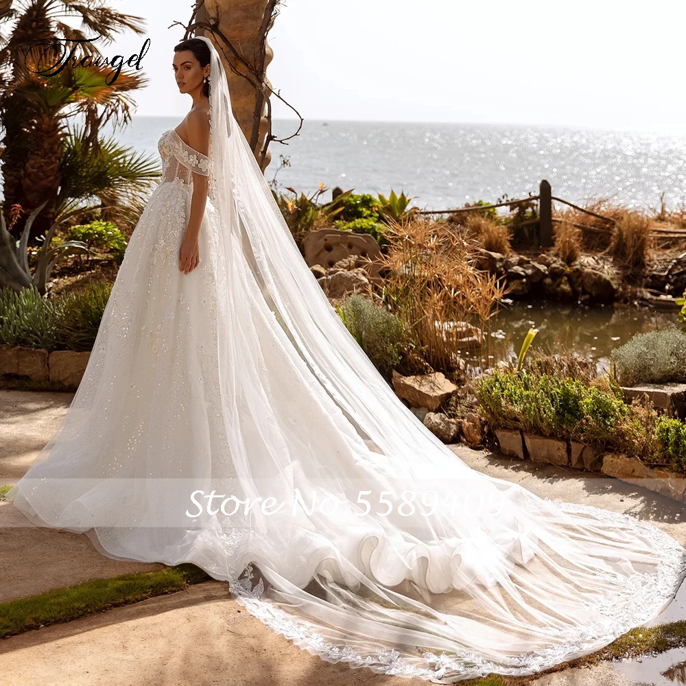 Traugel exquisitos vestidos de novia Vintage con flores y cuello barco, apliques sin espalda de lujo, cola de corte con cuentas, vestido de novia de línea A