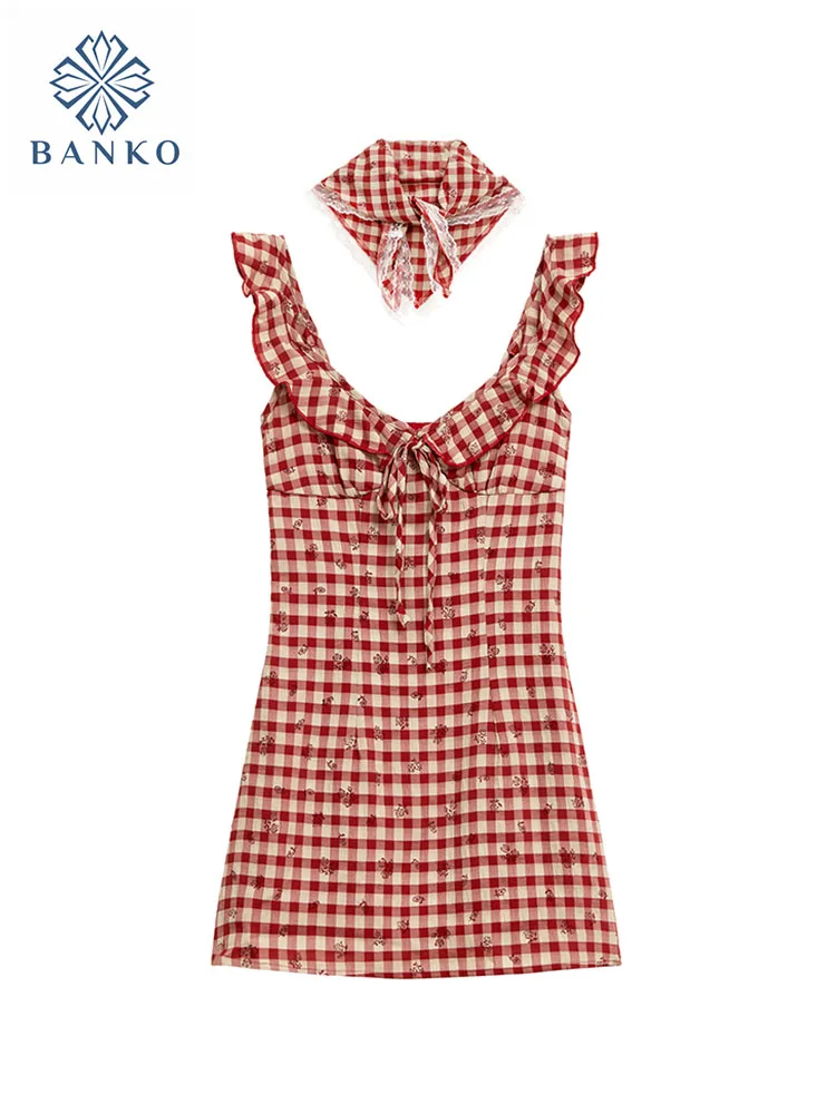 Japanese Prairie Chic O-Neck Flying Sleeve  Mini Dress Women Vintage Plaid Slim A-Line Dress Summer Sweet Sexy One-Piece Frocks