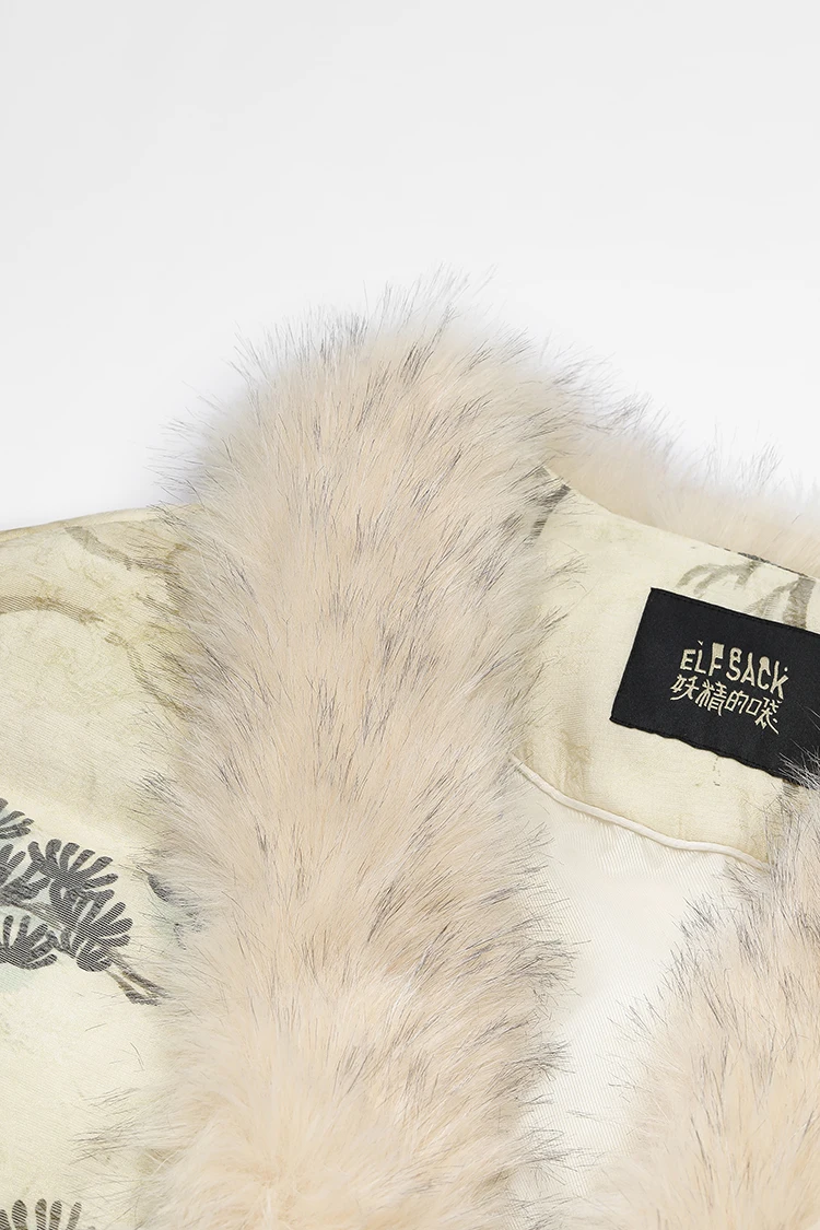 ELFSACK Women Puffer Down Jacket 2026 Winter Pony Print Fur Collar Lantern Sleeve New Oriental Style Casual Outerwear