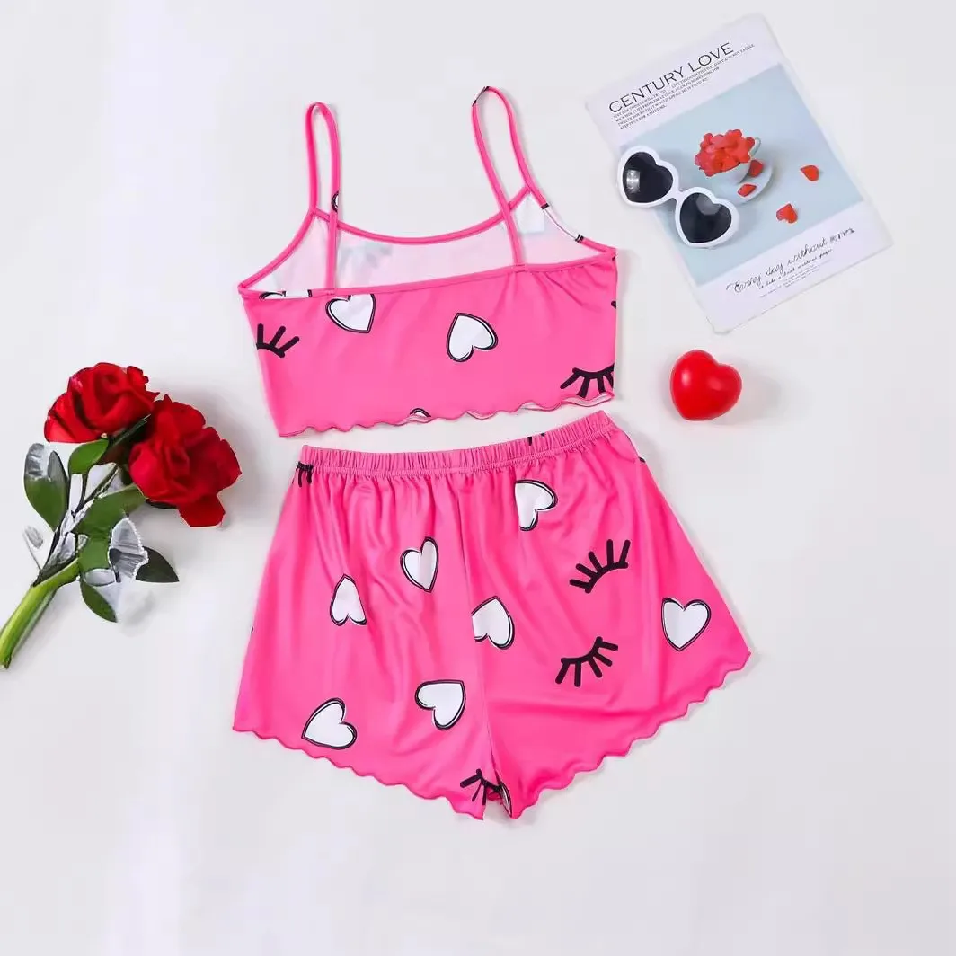 Valentine\'s Gifts Heart & Eyelash Print Trim Pajama Set Crew Neck Crop Top & Elastic Shorts Women\'s Sleepwear & Loungewear