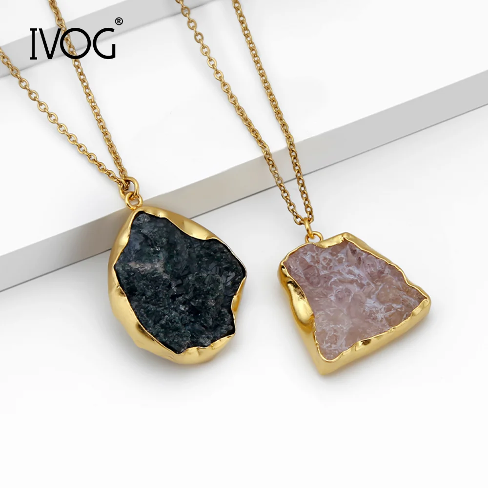 IVOG Brass Raw Natural Gemstone Irregular Pendant Necklace Crystal Stone Chain Jewelry For Women Daily Party Shopping Gift