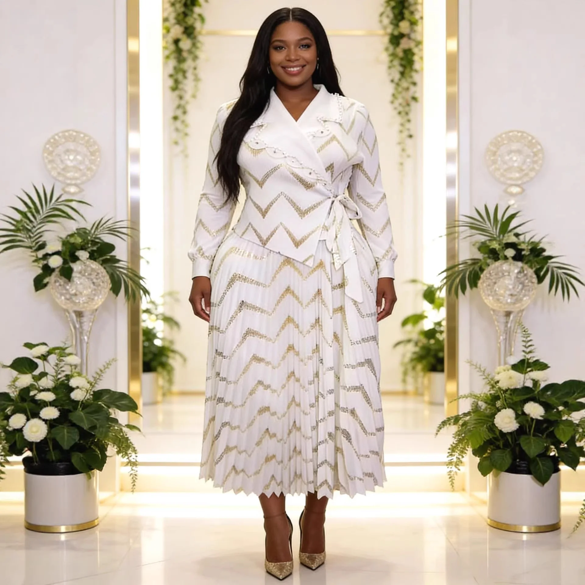 

Miyake Pleated Dress Women's 2026 New Fashion Printed Beaded Suit Collar Lantern Sleeves Fake Two-piece Loose Large Size Skirt