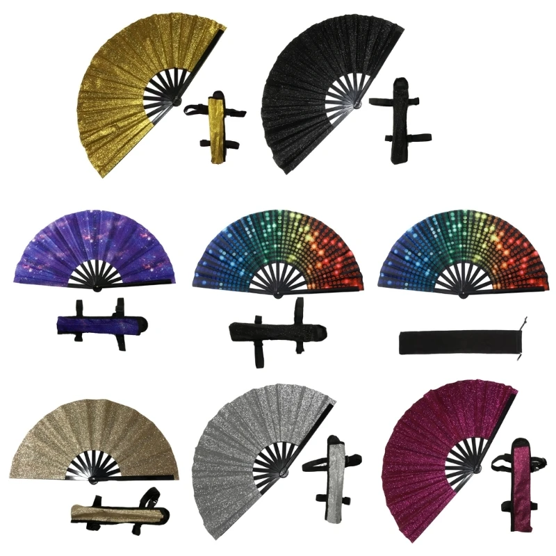 Glitter Hand Fan with Holster for Women Men Large Folding Festival Club Party Dance Fan