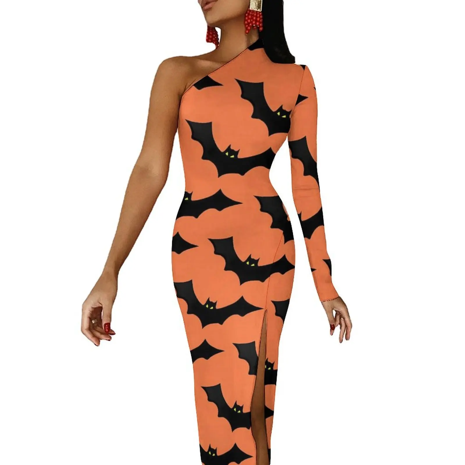 

Spooky Halloween Long Dress Womens Black Orange Bat Party Maxi Dress Spring Pretty Bodycon Dresses High Slit Design Vestido