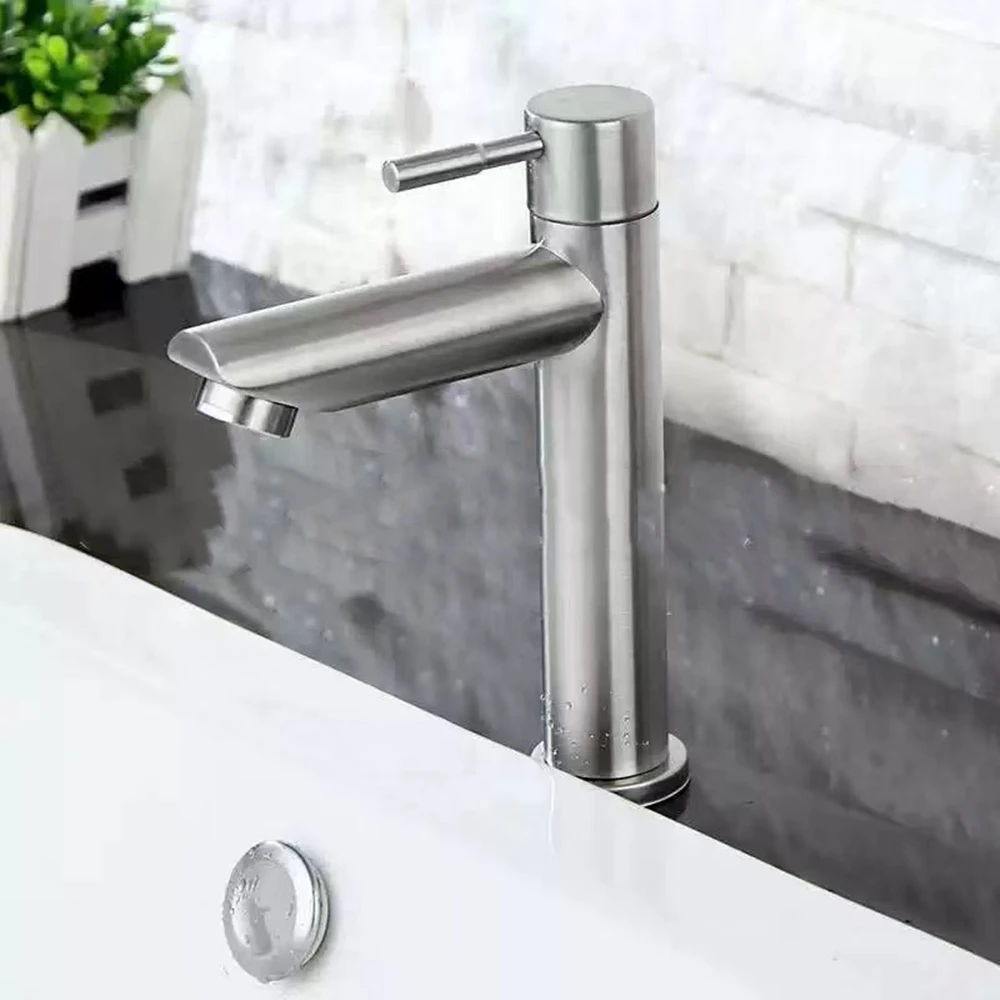 

Basin Faucet 304 Stainless Steel Single Cold Water Tap Black Silver Color Deck Mounted Lengthening and Raising Basin Sink Tap