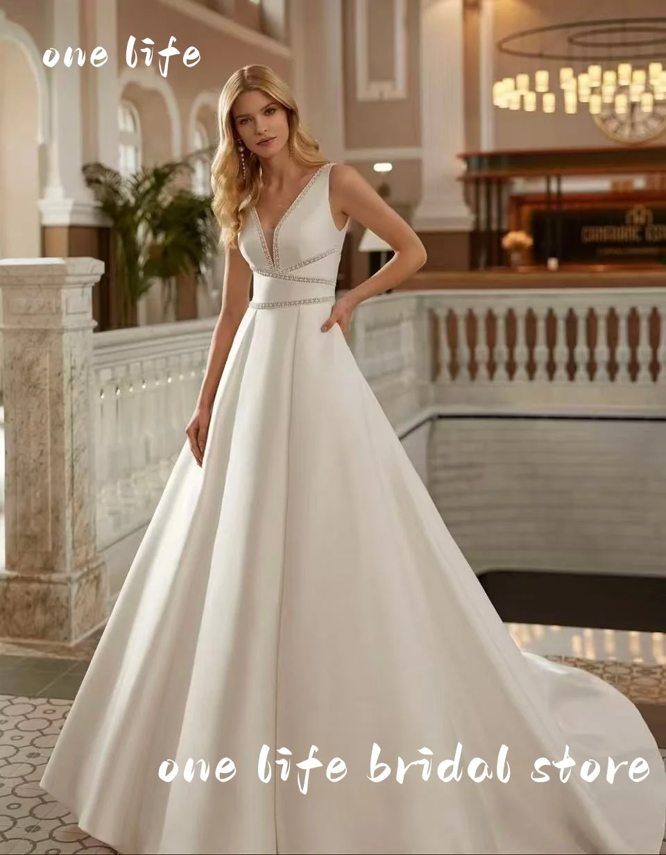 2025 elegante simples com decote em v vestidos de casamento de cetim para as mulheres a linha trem varredura sem costas vestido de noiva vestidos de novia personalizado