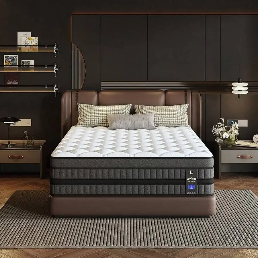 Bedroom Furniture, 12/14-Inch Black Queen Mattress, Built-In Memory Foam And Individually Pocketed Springs, Available In Twin, Full, Queen And King Mattress Sizes, With Side Handles For Easy Movement, Fiberglass-Free, Odorless, Highly Breathable