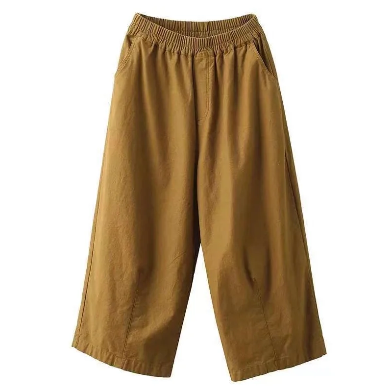 الخريف الرجعية 100% القطن واسعة الساق فضفاضة مستقيم الساق بلون المرأة سراويل تقليدية مرونة الخصر تنوعا مريحة بنطلون