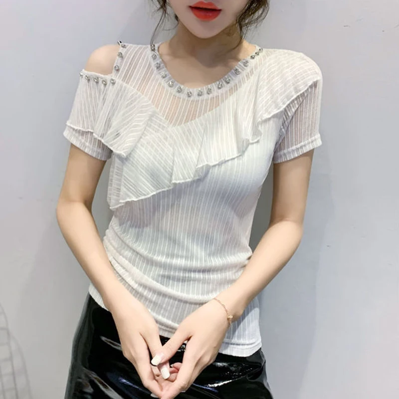 Fashion O-Neck Diamonds Ruffles Hollow Out Bright Silk Blouses Women Clothing 2024 Summer Slim Korean Tops Office Lady Shirts