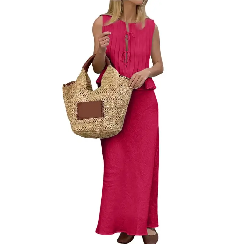 

CYL-Women's Breathable Linen Pleated Sleeveless Tie Front Blouse Street Maxi Skirt Two Piece Set