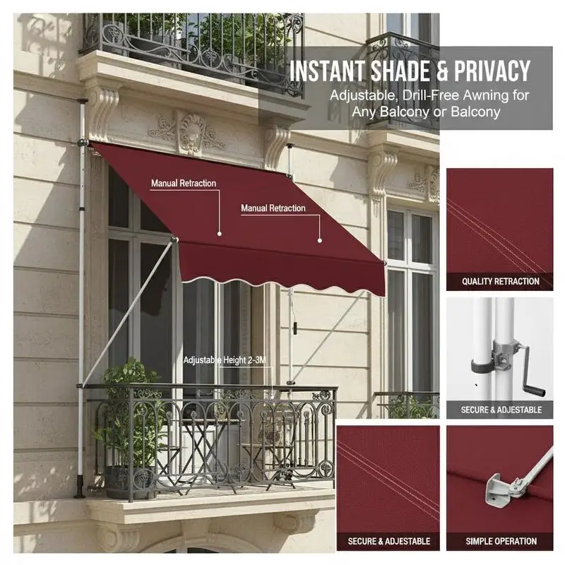 Picture 6: Manual Retractable Awning 150x125CM Adjustable Height 2-3M No Drilling Metal and Fabric for Window Balcony or Garden Red