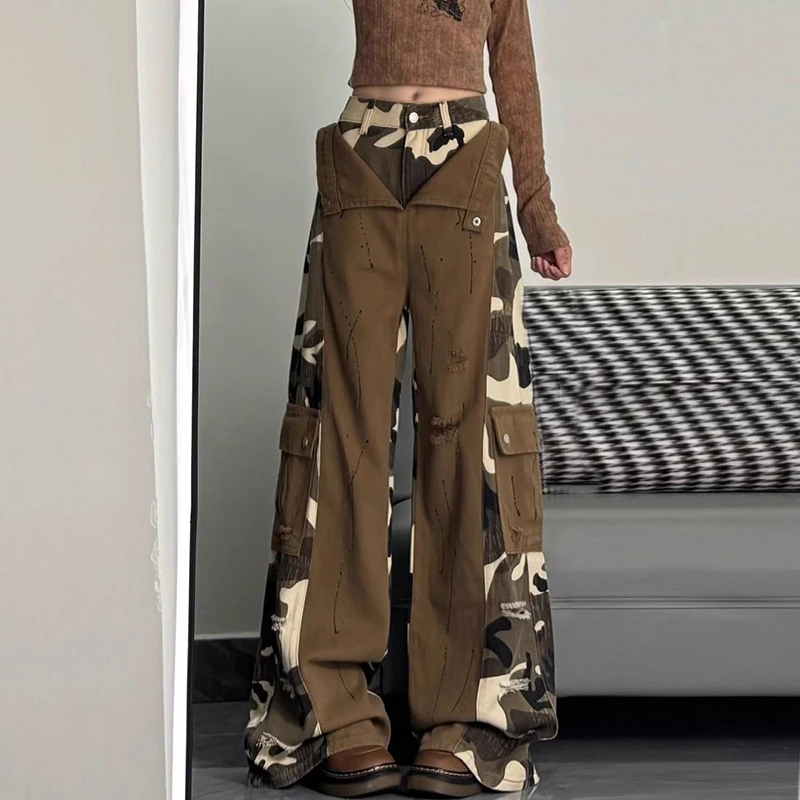 Camouflage Cargo Jeans Women Autumn Winter Streetwear Fake Two Piece Denim Pants Vintage Y2K Harajuku Patchwork Wide Leg Trouser