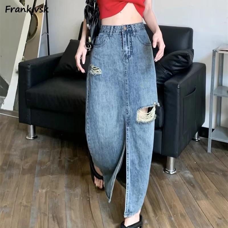 Denim Long Skirts Women Ripped Vintage Slit Elegant High Waist Girls Fashion A-line Faldas All-match Washed Youthful Streetwear