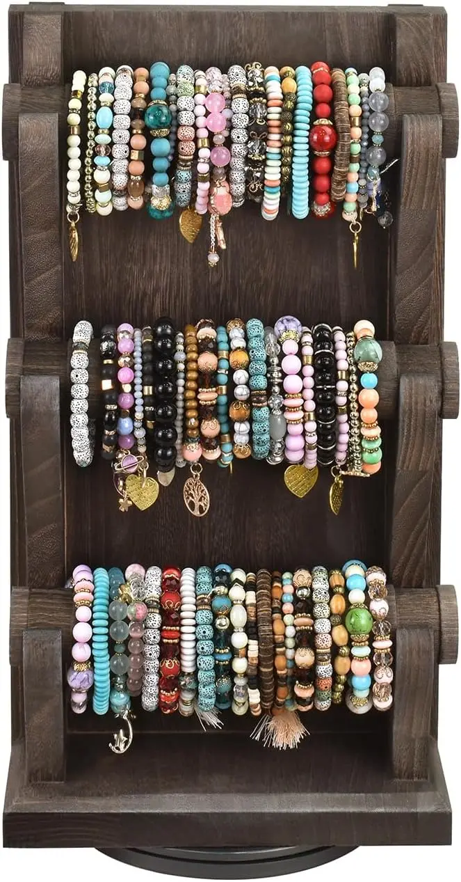 Two-Sided Rotating Wooden Jewelry Stand, 6 Removable Holders, 3-Tier Bangle Organizer, Dark Brown