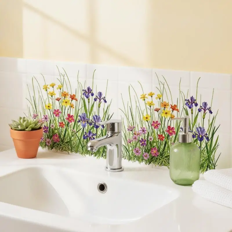 Floral Bathroom Sink Backsplash Sticker Waterproof Self-Adhesive Removable Easy Clean for Kitchen Counter Protection