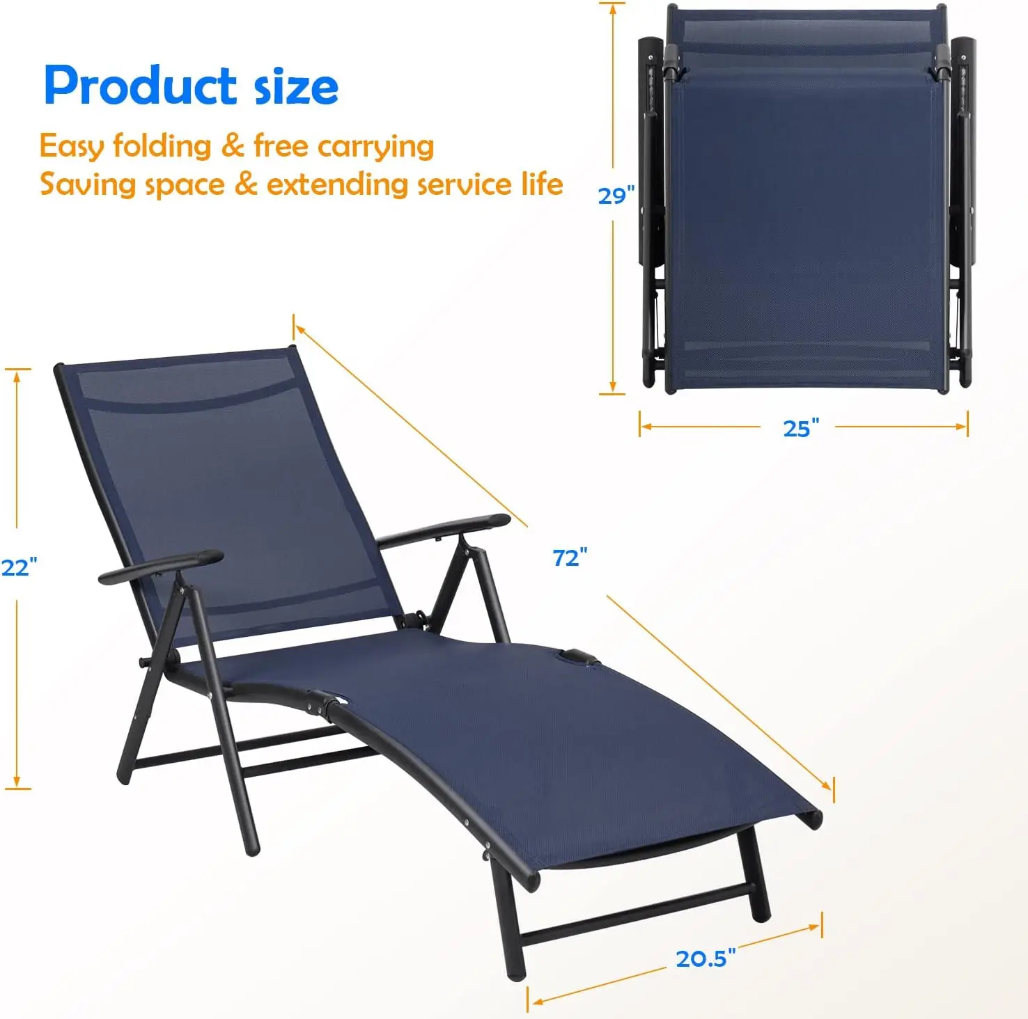 Ajustável Folding Recliner Lounge Chair, Mobiliário de exterior, Praia, Piscina, Lado, Azul, Conjunto de 2